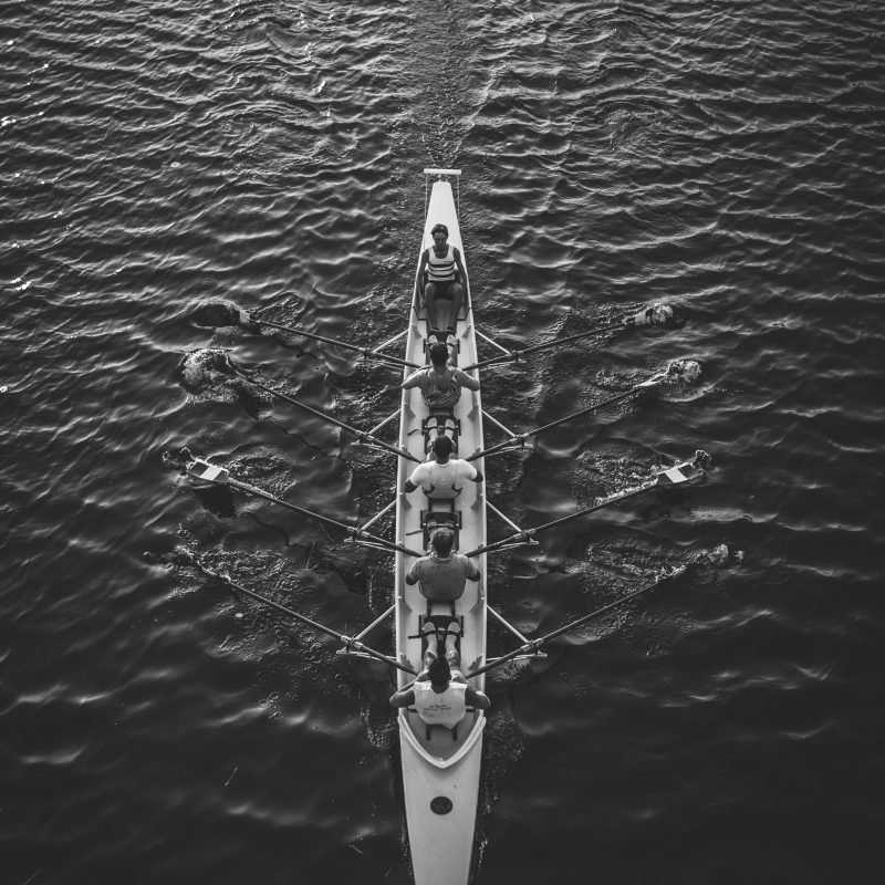 Team rowing together