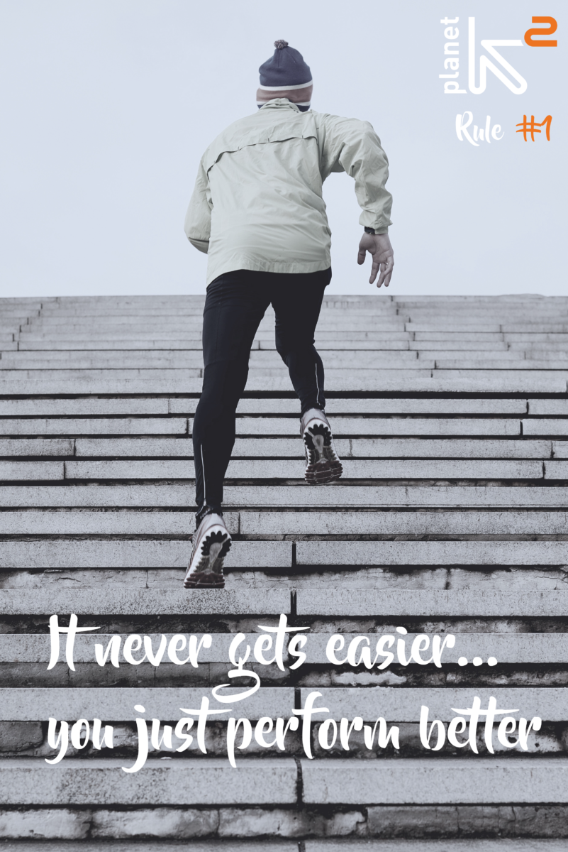 man running up steps